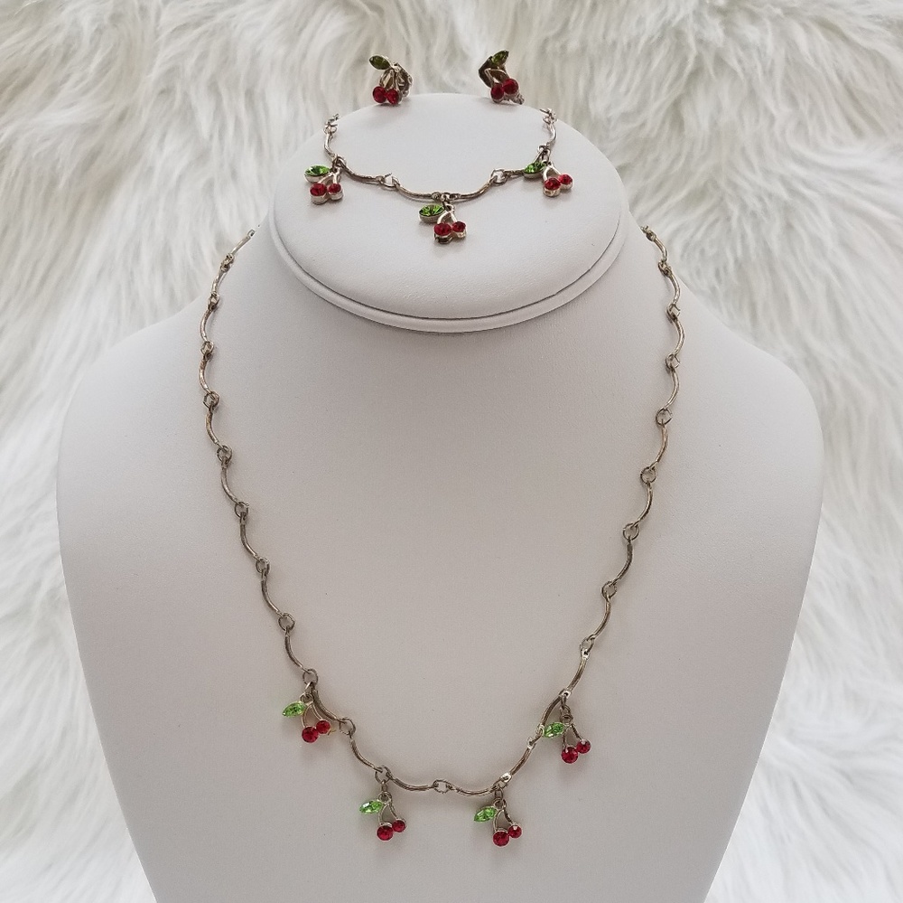 Cherries necklace, bracelet, and earring set